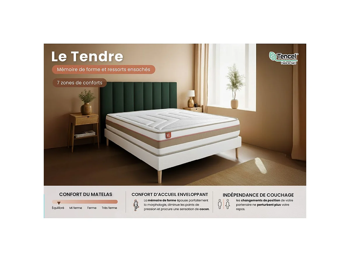 Matelas LE TENDRE 140x200cm Ressorts ensachés + Mémoire de forme 7 zones de confort - Ep. 28cm