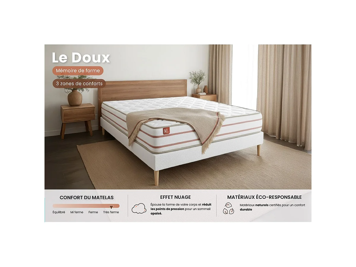Matelas LE DOUX 160x200cm Mémoire de forme 3 zones de confort - Ep. 24cm