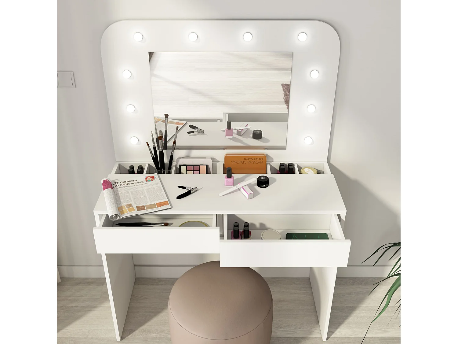 Coiffeuse enfant en bois blanc avec miroir et LED - CF9076