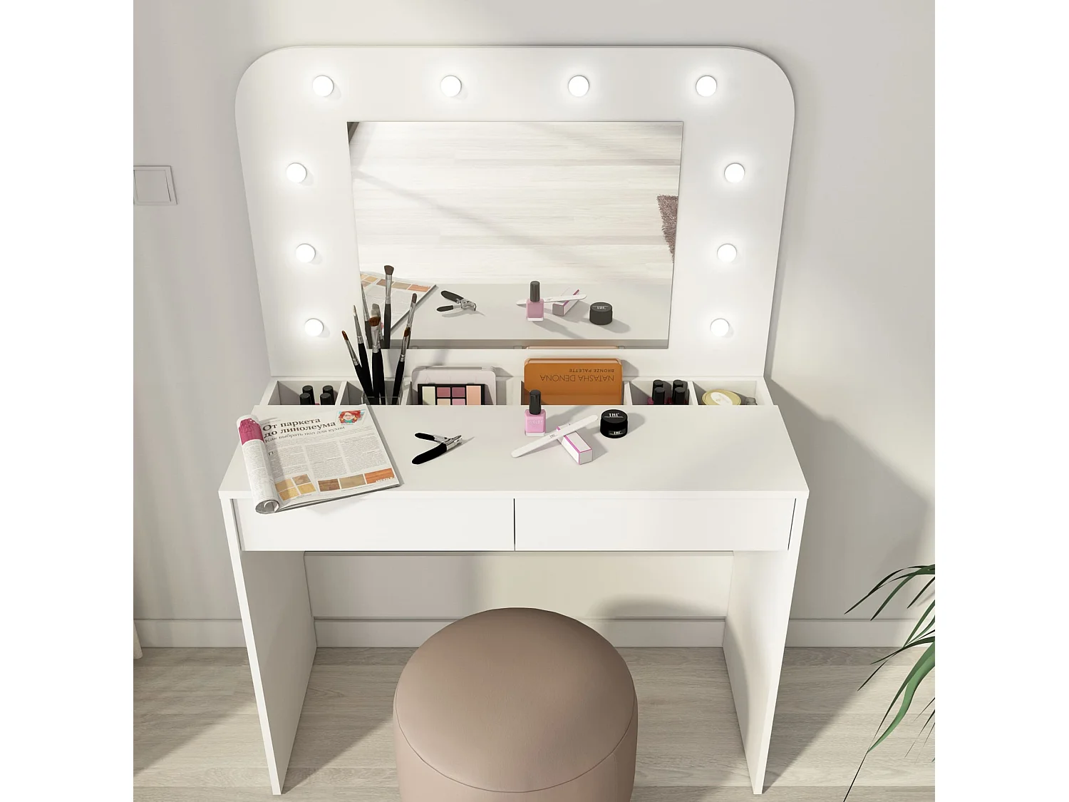 Coiffeuse enfant en bois blanc avec miroir et LED - CF9076