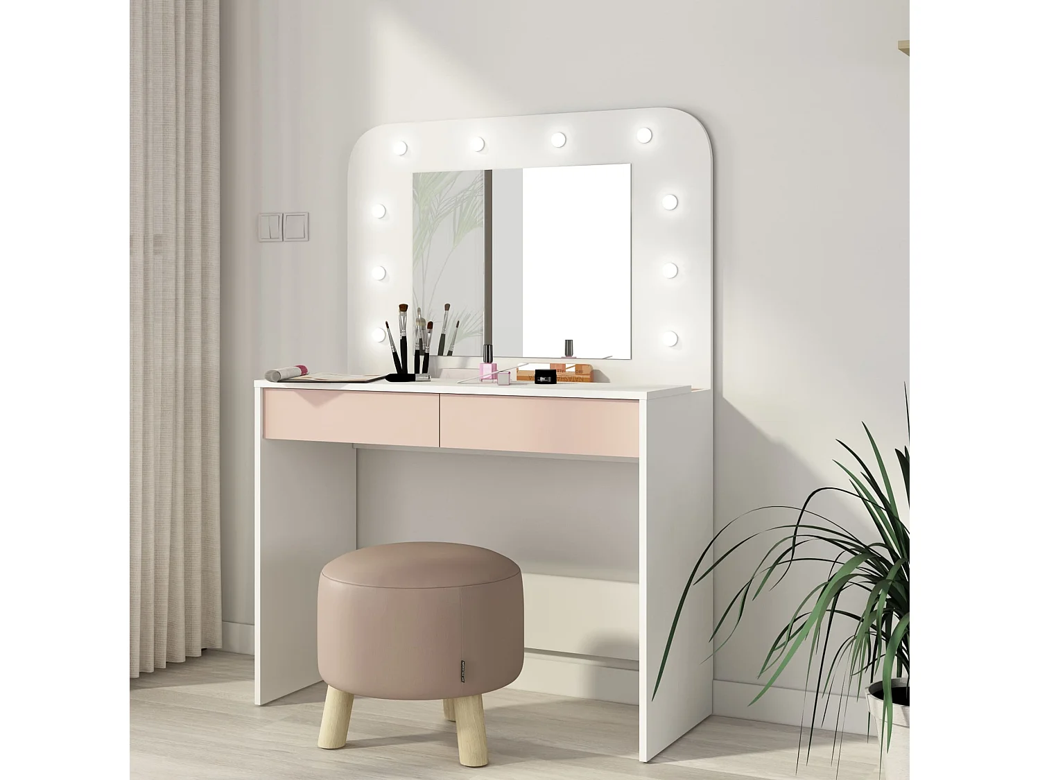 Coiffeuse enfant en bois blanc et rose avec miroir et LED - CF9076
