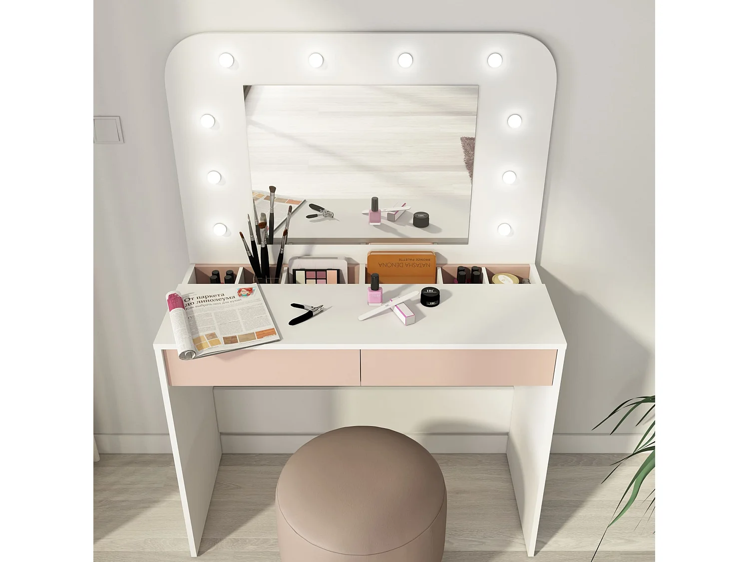 Coiffeuse enfant en bois blanc et rose avec miroir et LED - CF9076