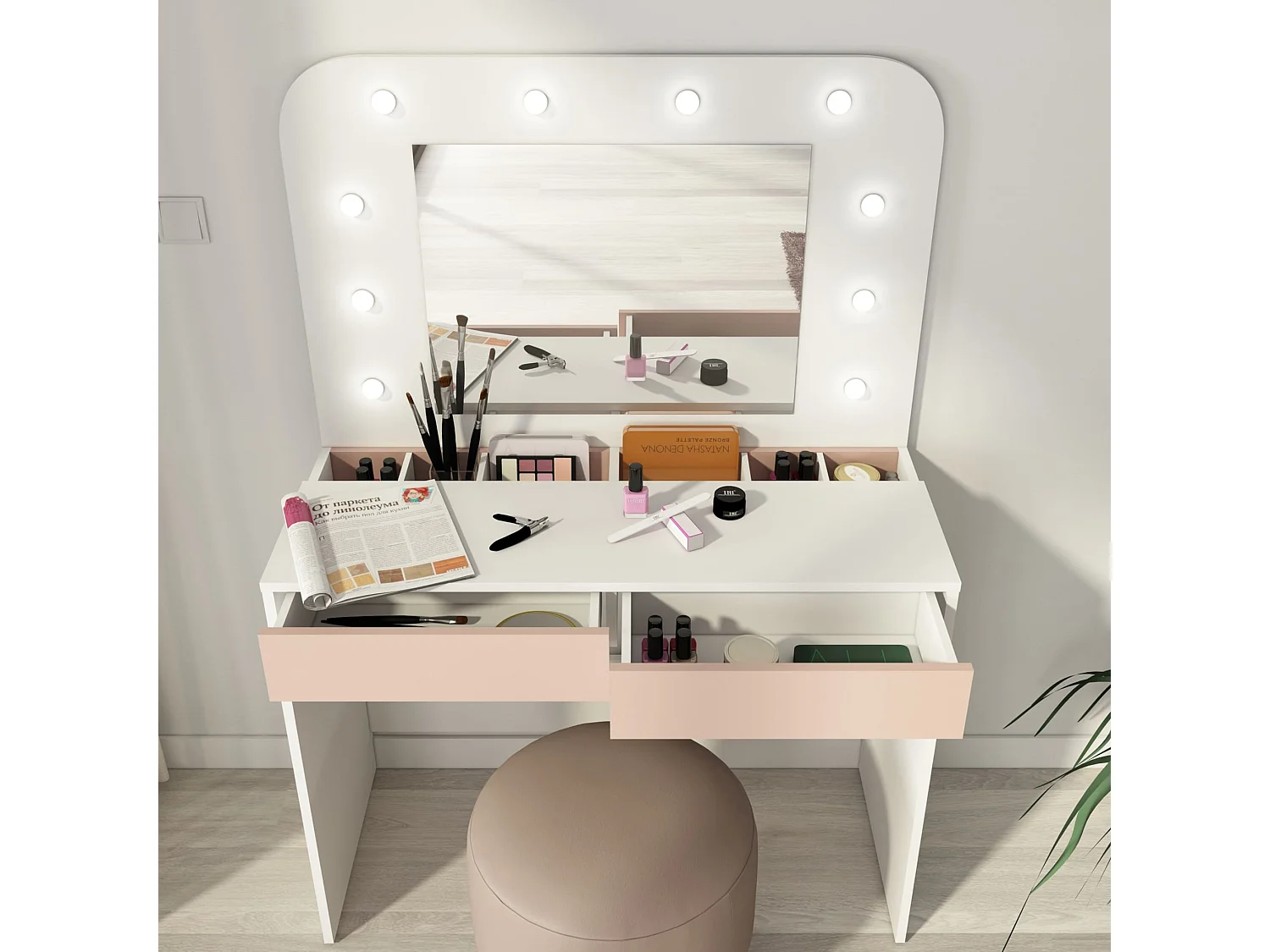 Coiffeuse enfant en bois blanc et rose avec miroir et LED - CF9076