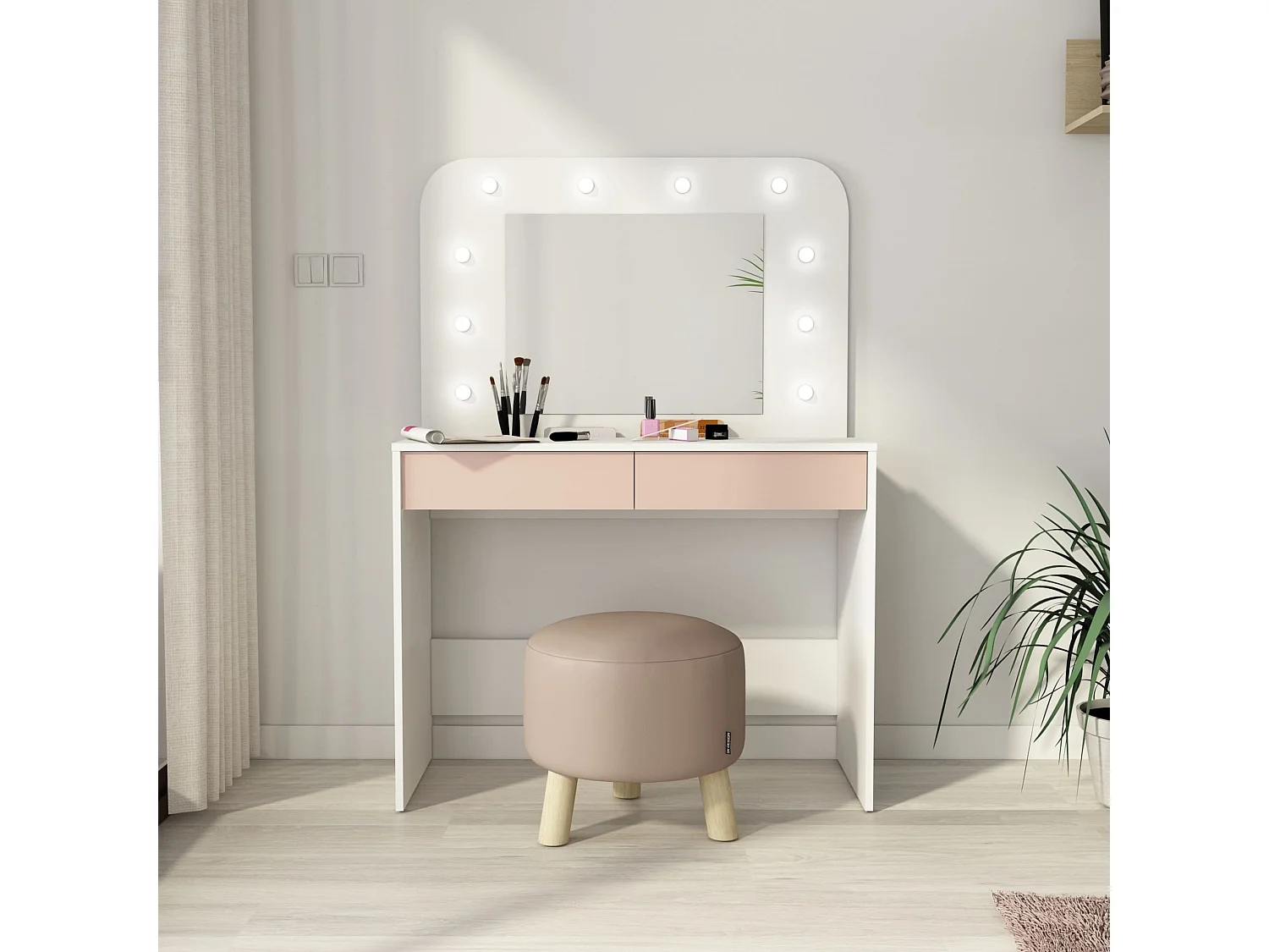 Coiffeuse enfant en bois blanc et rose avec miroir et LED - CF9076