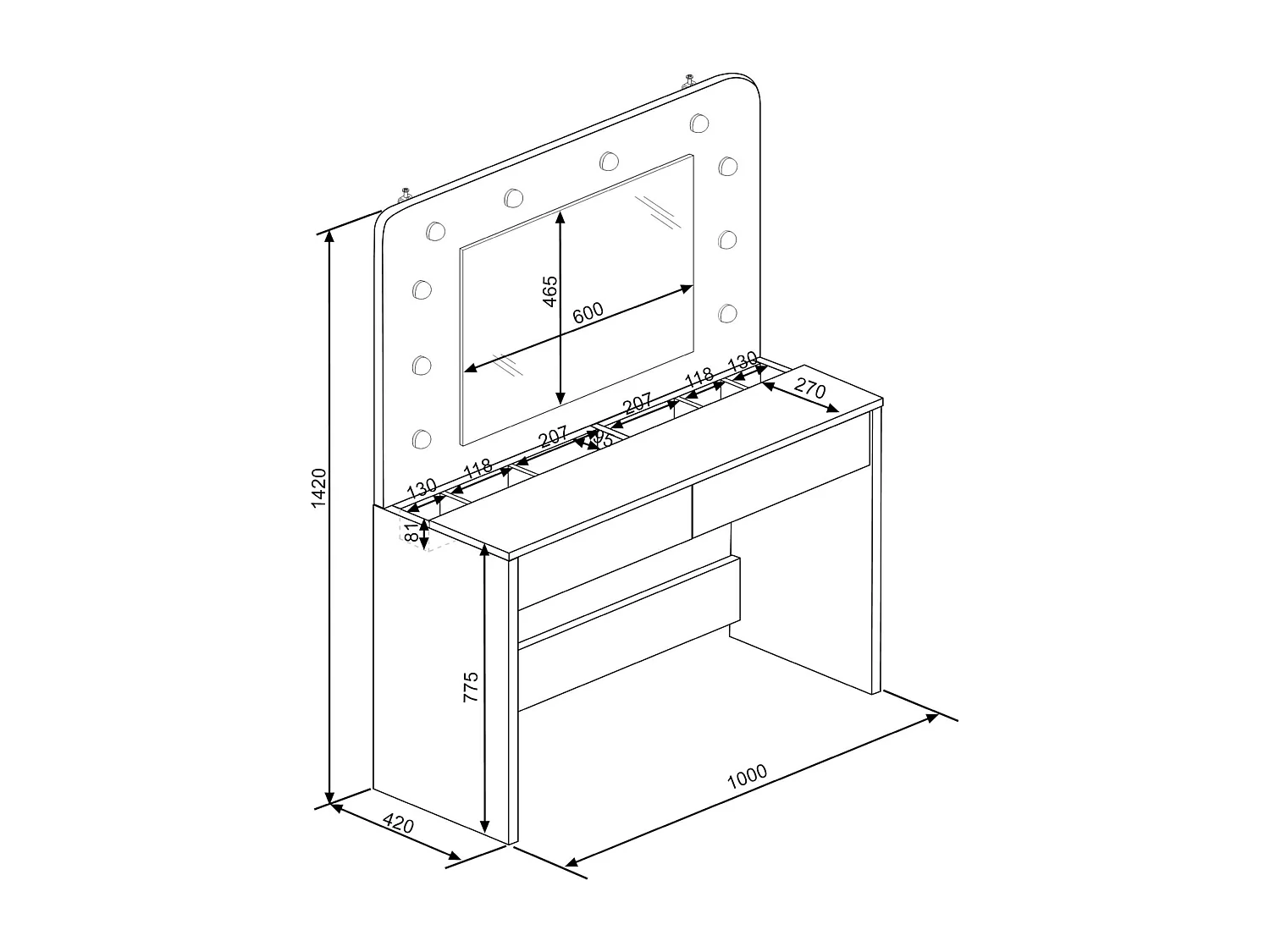 Coiffeuse enfant en bois blanc et rose avec miroir et LED - CF9076