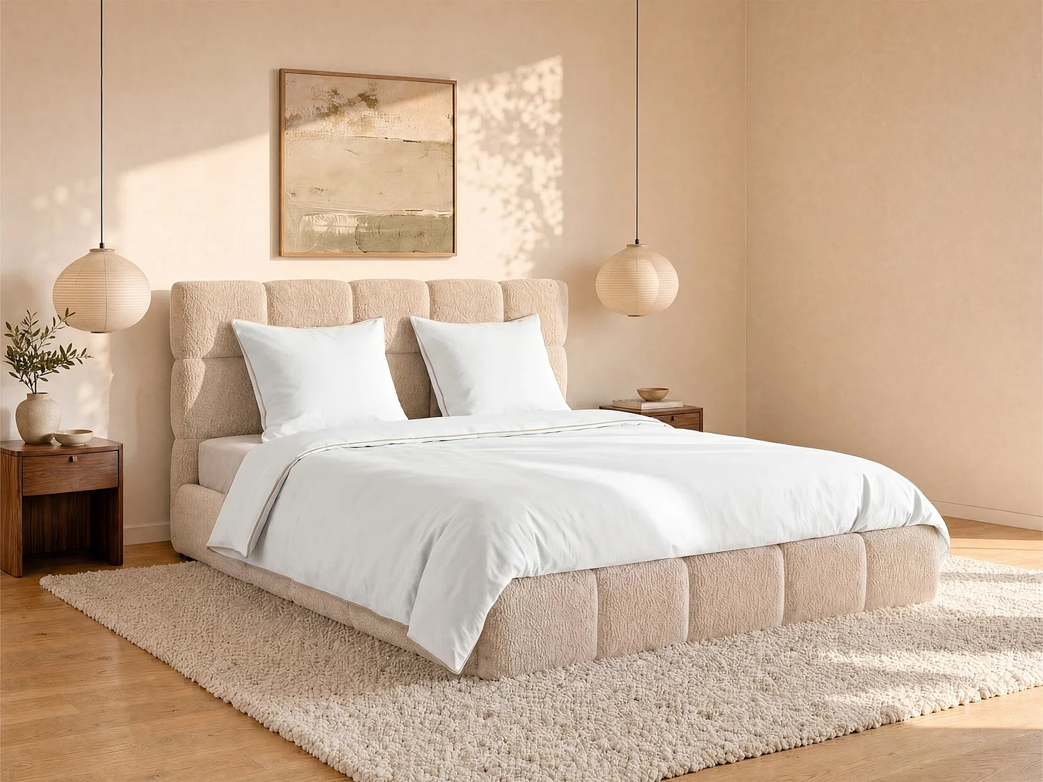 Parure de lit percale de coton 80 fils/cm² - Housse de couette 220 x 240 cm + 2 taies d'oreiller 63 x 63 cm - Blanc passepoil beige - AGAMI de PALACIO