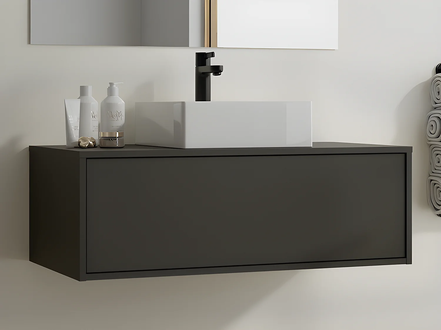 Meuble de salle de bain suspendu gris anthracite avec simple vasque carrée - 94 cm - TEANA II