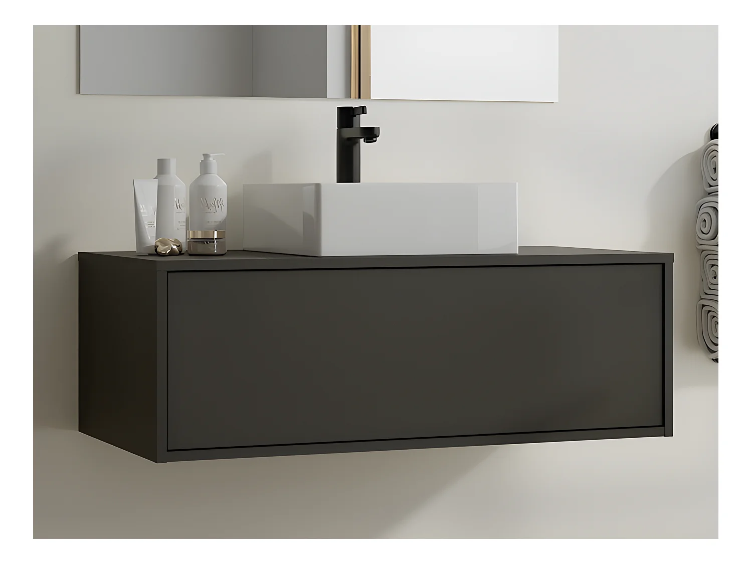 Meuble de salle de bain suspendu gris anthracite avec simple vasque carrée - 94 cm - TEANA II