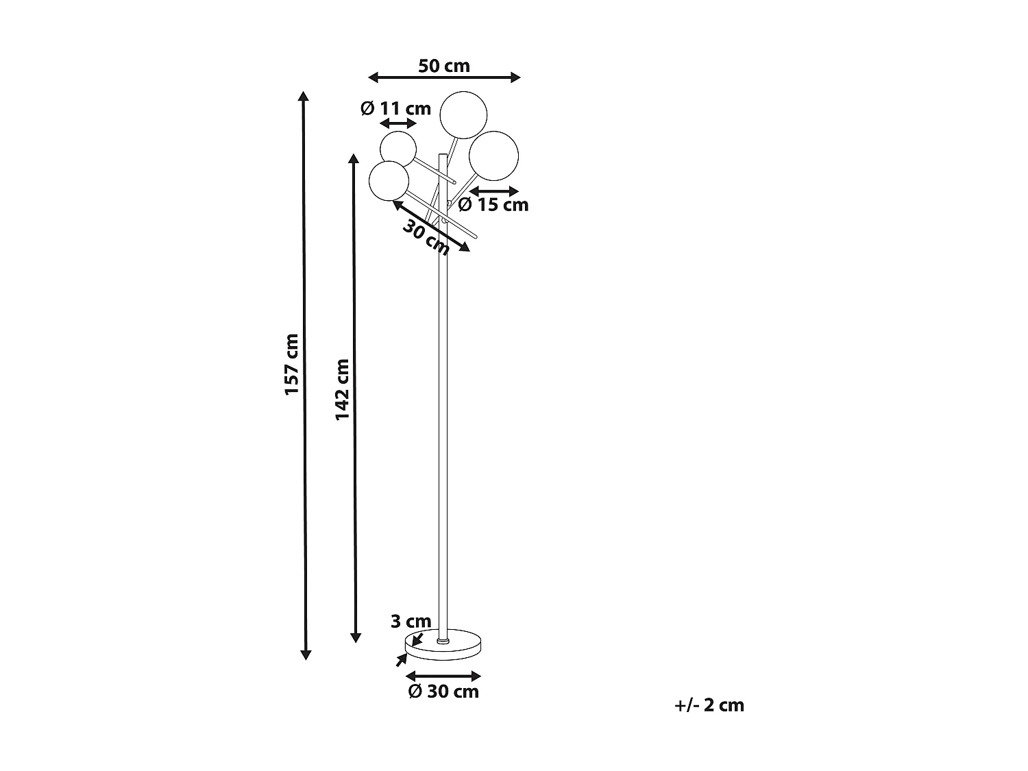 Stehlampe Metall und Glas gold rund mit 4 Schirmen Kugelform 157cm modern Tamesi