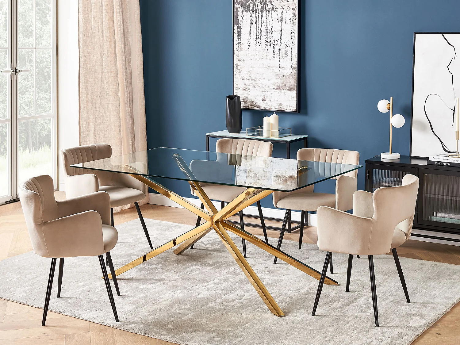 Table de repas CORA Doré 160 cm 90 cm Verre de sécurité