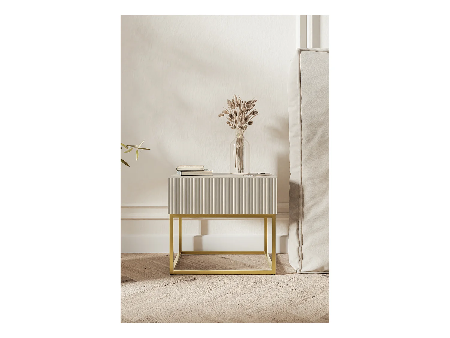 Table de chevet - 50 cm - taupe (gris-beige) avec pieds dorés - VELDIO