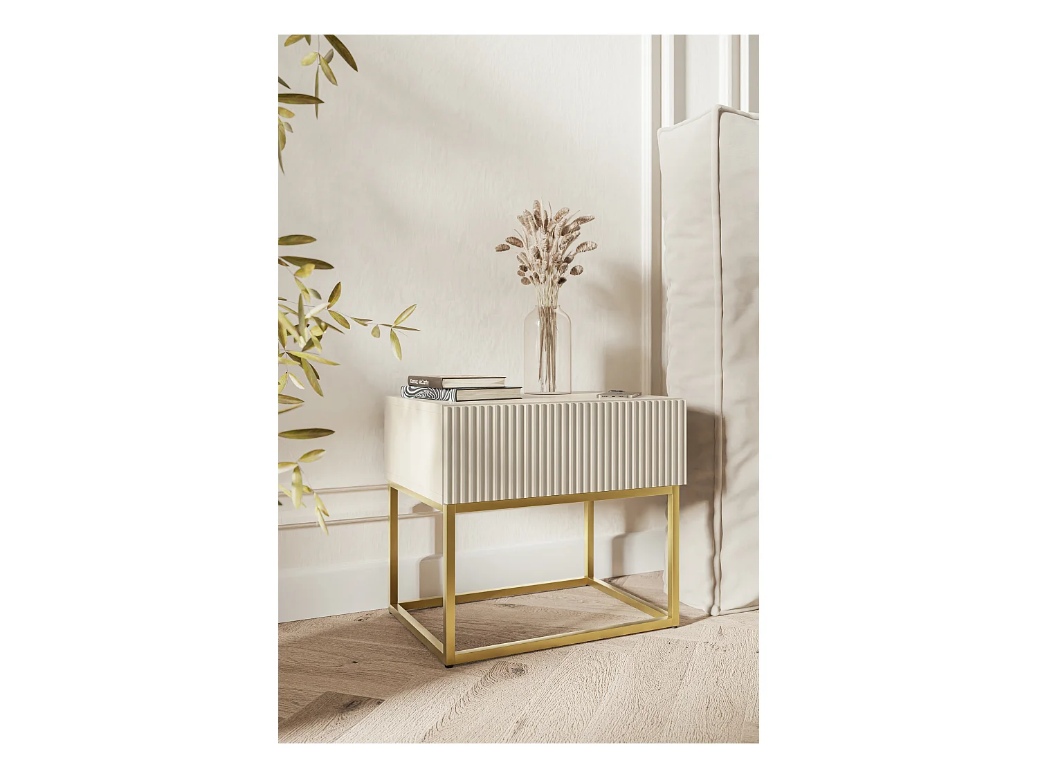 Mesita de noche con cajón - 50 cm - gris beige taupe con pies de metal dorado - VELDIO