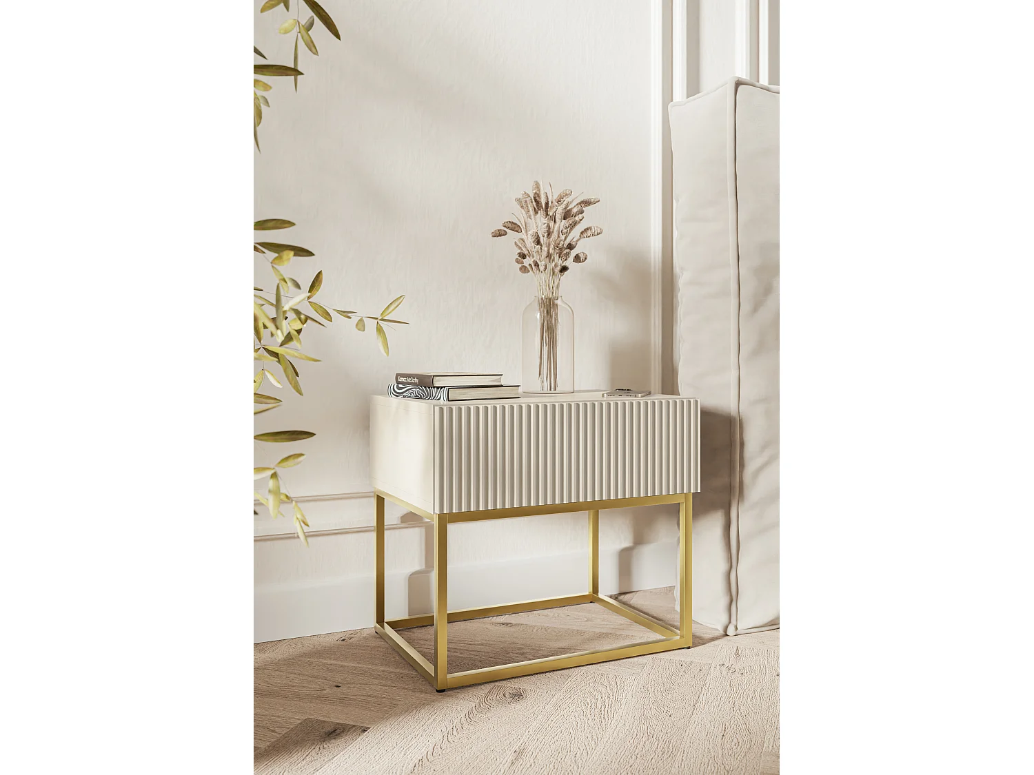 Nachttisch - 50 cm - Taupe (Grau-Beige) mit goldenen Beinen - VELDIO