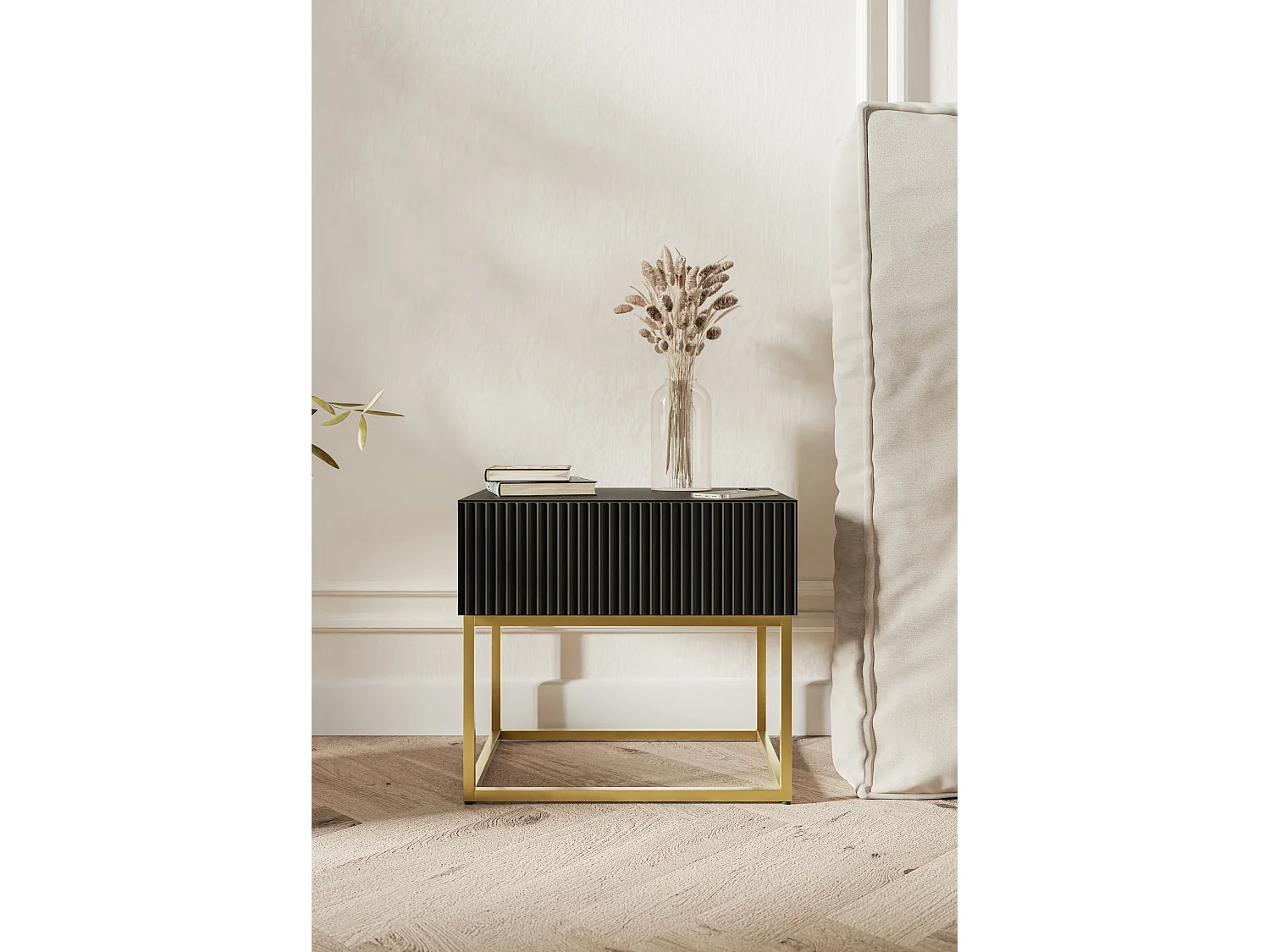 Table de chevet - 50 cm - noir avec pieds dorés - VELDIO