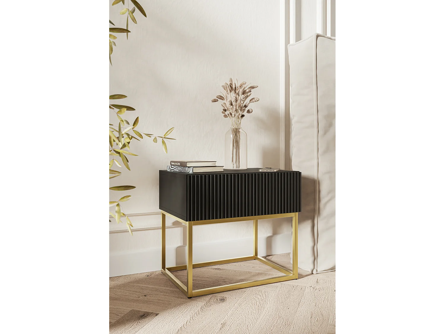 Table de chevet - 50 cm - noir avec pieds dorés - VELDIO