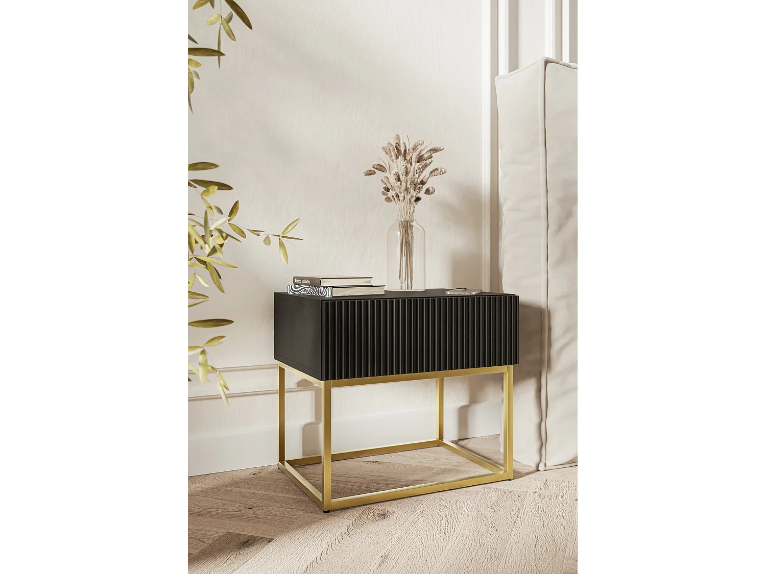 Table de chevet - 50 cm - noir avec pieds dorés - VELDIO