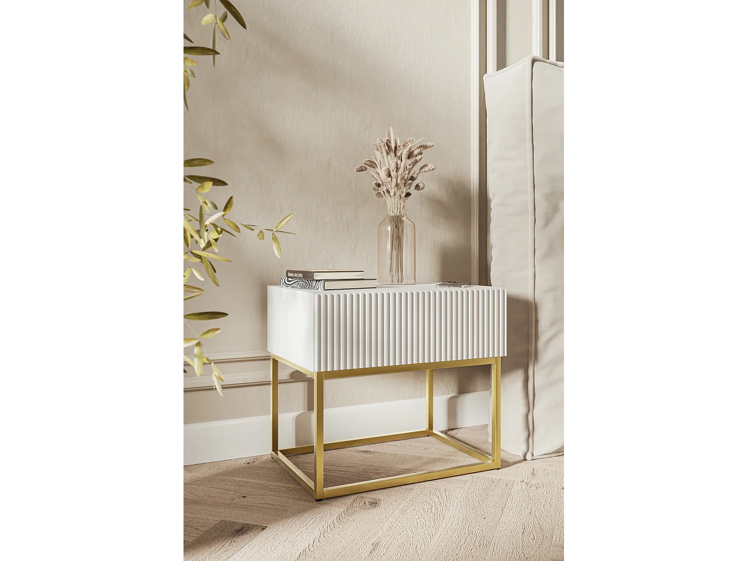 Comodino - 50 cm - bianco con gambe dorate - VELDIO