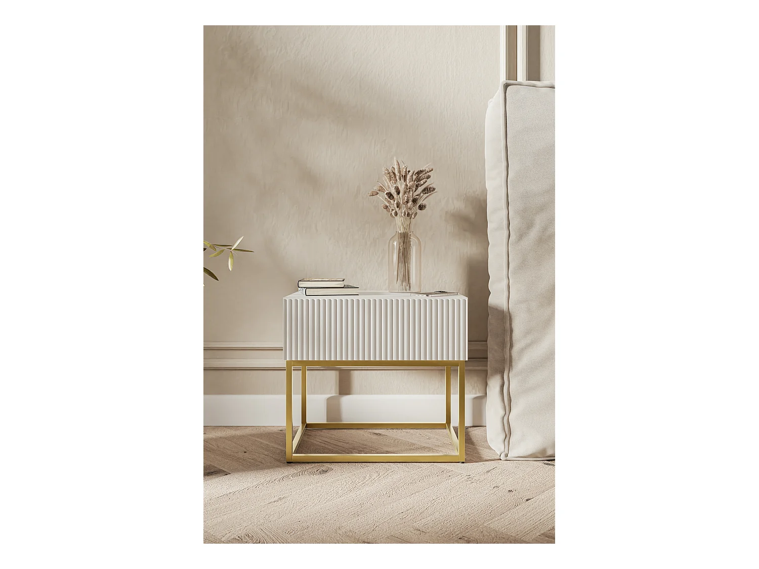 Table de chevet - 50 cm - blanc avec pieds dorés - VELDIO