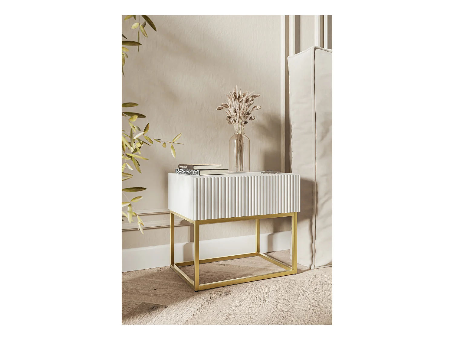 Nachttisch mit Schublade 50 cm - Weiß mit goldenem Metallgestell - VELDIO