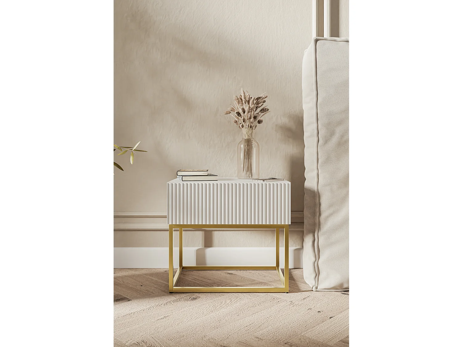 Table de chevet - 50 cm - blanc avec pieds dorés - VELDIO