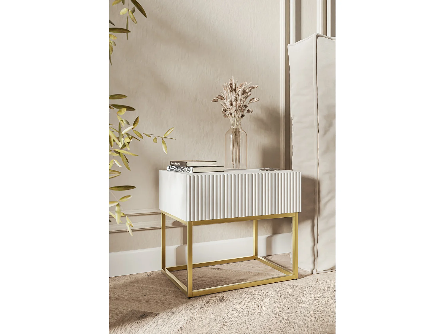 Table de chevet - 50 cm - blanc avec pieds dorés - VELDIO