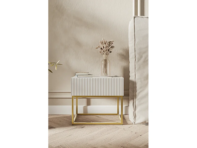 Table de chevet - 50 cm - blanc avec pieds dorés - VELDIO
