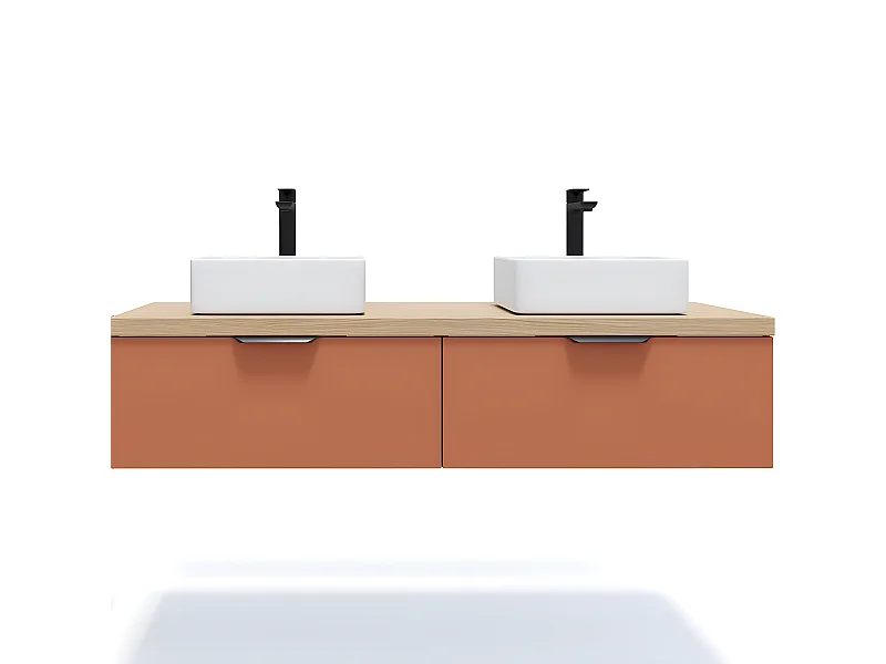 Meuble de salle de bain suspendu 2 vasques à poser 140cm 2 tiroirs Terracotta - Soho