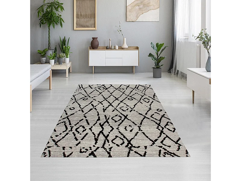 Tapis kilim 80x150 rectangle fait à la main en coton gris et noir BERYLE