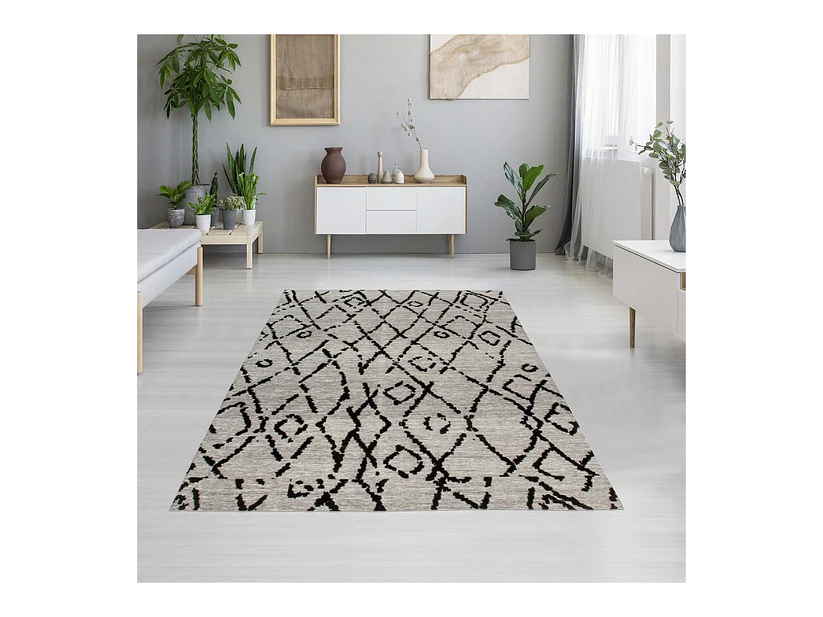 Tapis kilim 80x150 rectangle fait à la main en coton gris et noir BERYLE