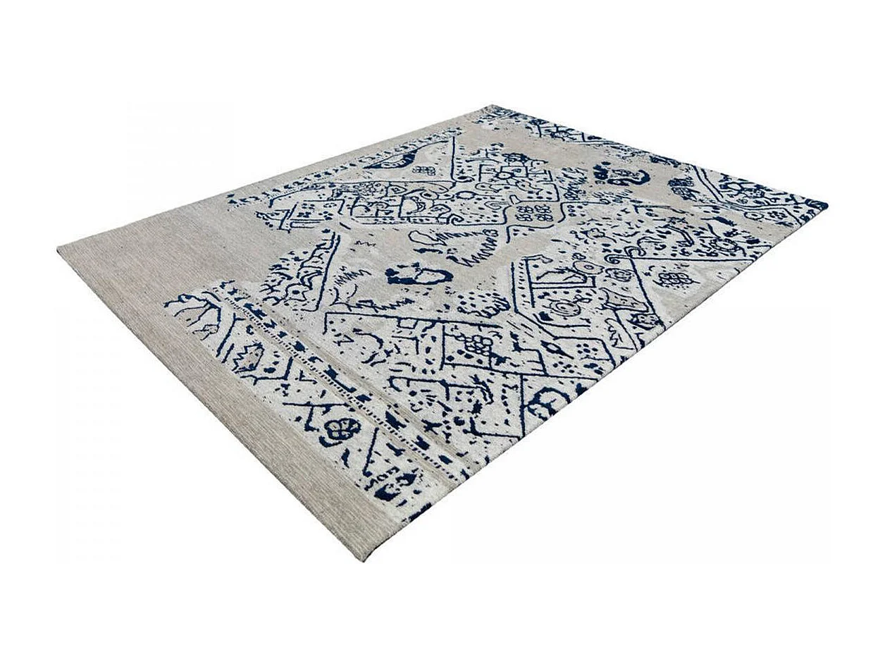 Tapis kilim 155x230 rectangle fait à la main en coton gris et bleu