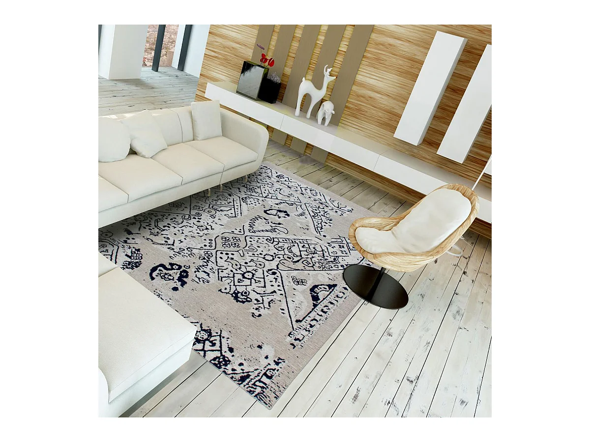 Tapis kilim 155x230 rectangle fait à la main en coton gris et bleu