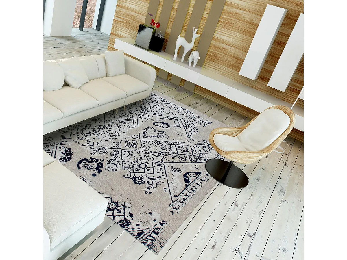 Tapis kilim 155x230 rectangle fait à la main en coton gris et bleu