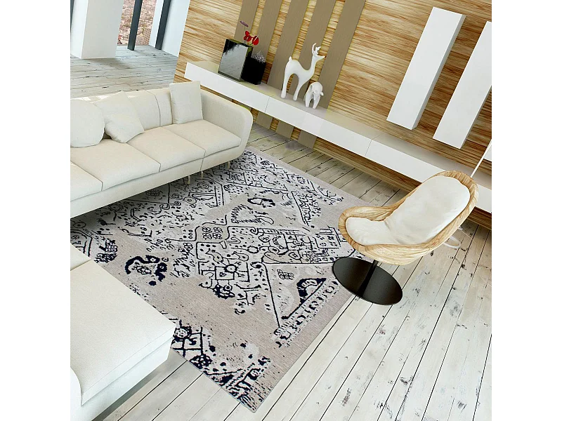 Tapis kilim 155x230 rectangle fait à la main en coton gris et bleu