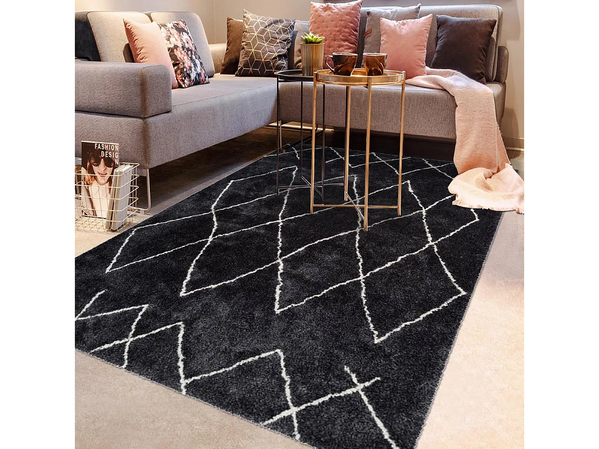 Tapis berbère 80x150 tissé motif ethnic BERBIOU noir et blanc