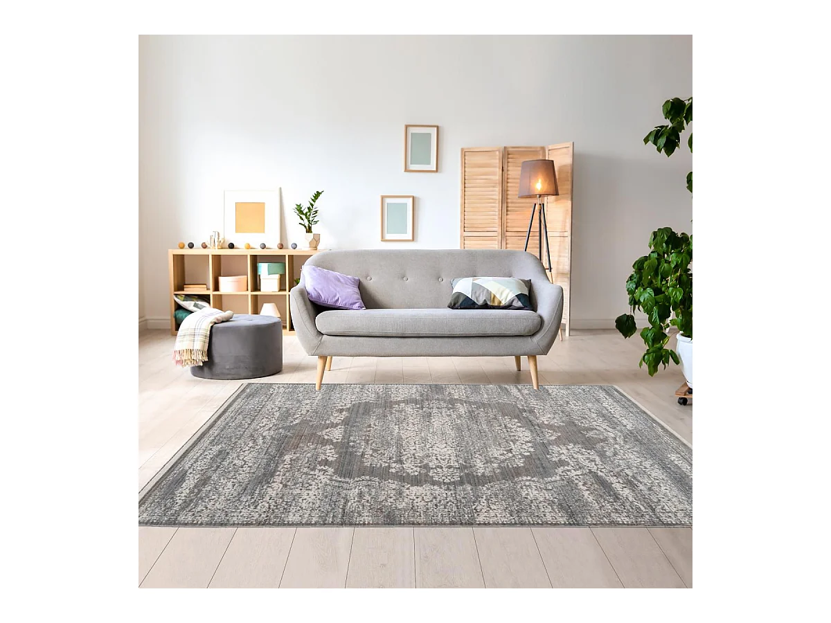 tapis salon 160x230 tissé gris rectangle motif oriental MEDALLIA