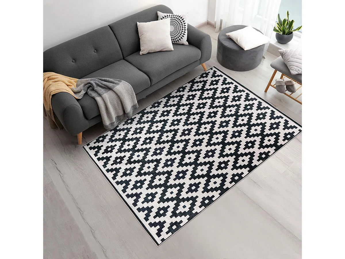 tapis chambre 120x170 tissé noir et blanc rectangle motif scandinave HUTANI
