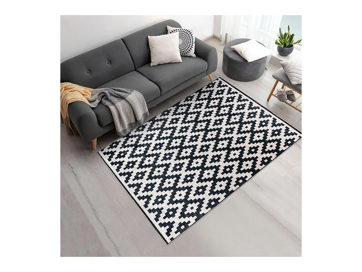 tapis chambre 120x170 tissé noir et blanc rectangle motif scandinave HUTANI
