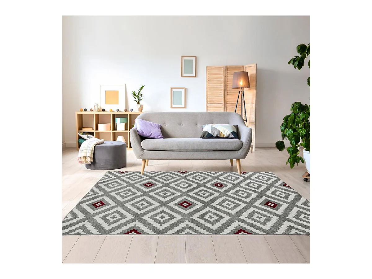 tapis entrée 50x80 tissé rouge et gris rectangle motif géométrique EFELON 1