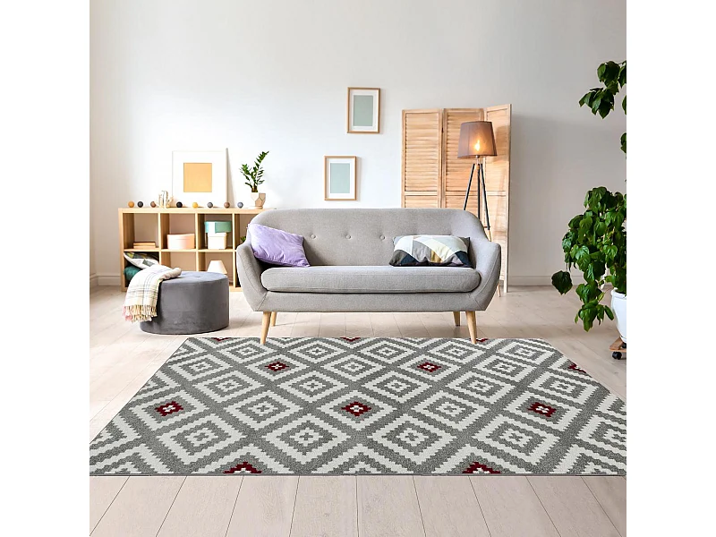 tapis entrée 50x80 tissé rouge et gris rectangle motif géométrique EFELON 1