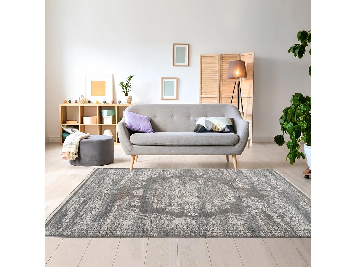 tapis chambre 80x150 tissé gris rectangle motif oriental MEDALLIA