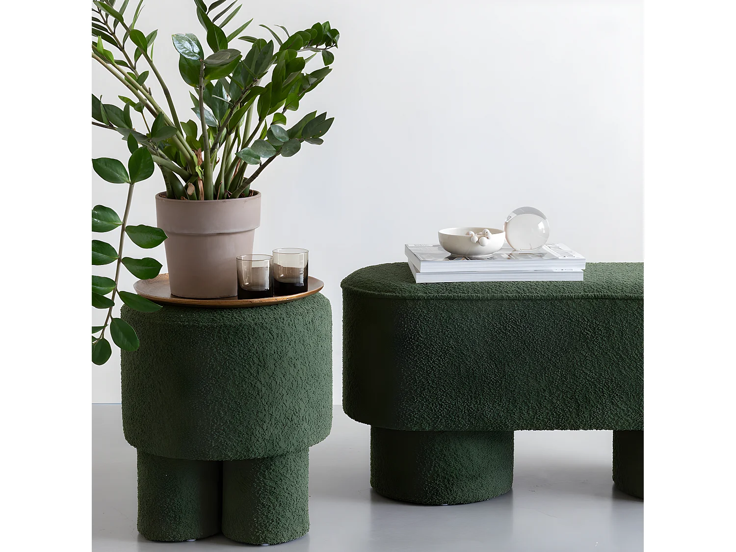 Marcos - Tabouret rond en tissu bouclette ø40cm - Vert kaki