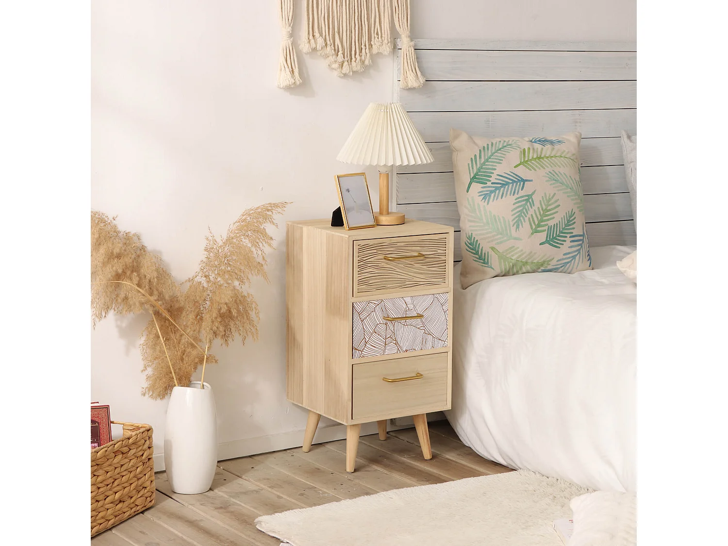 Table de Chevet Étroite et Haute en Bois avec 3 Tiroirs