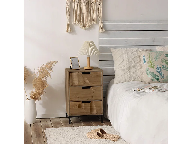 Table de Chevet de Style Scandinave avec 3 Tiroirs en Bois Compact