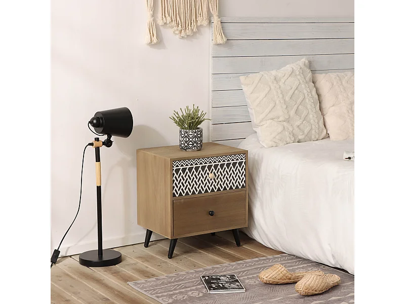 Petite Table de Chevet avec 2 Tiroirs en Bois et en Métal Gain de Place