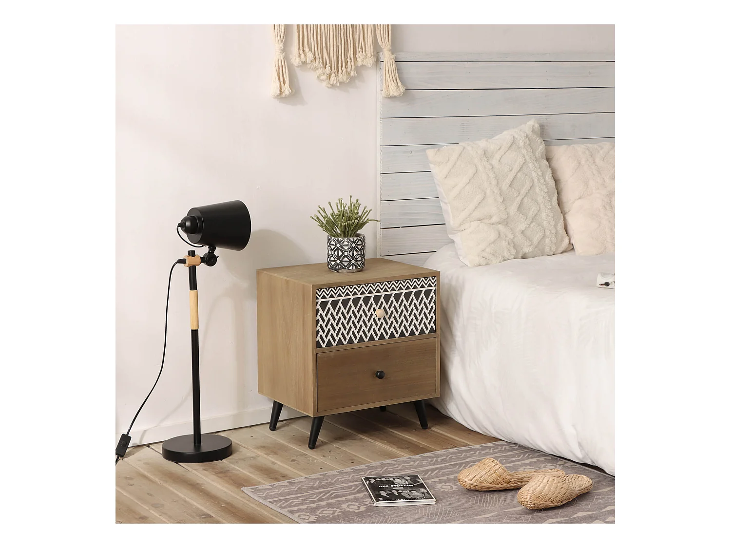 Petite Table de Chevet avec 2 Tiroirs en Bois et en Métal Gain de Place