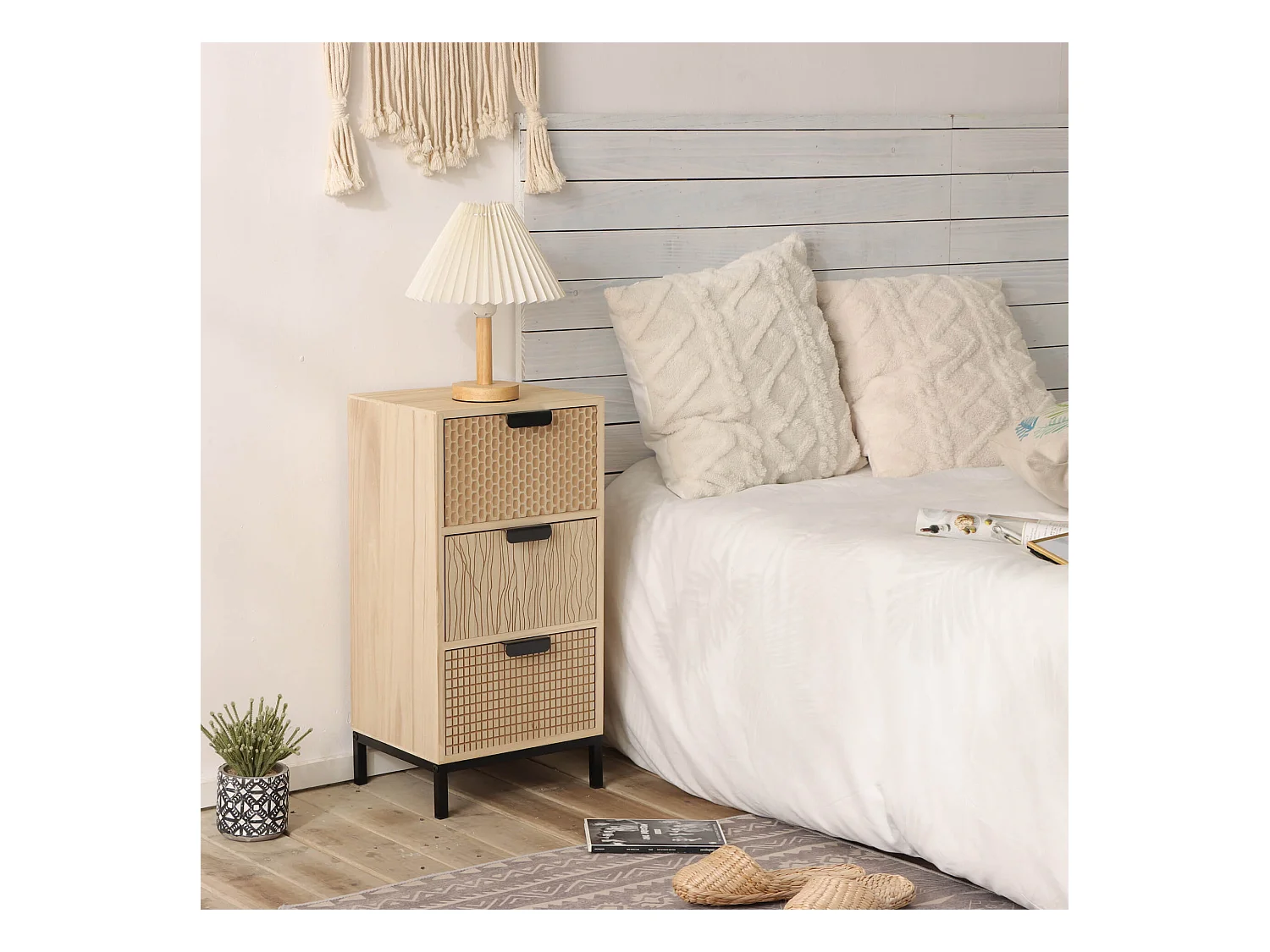 Table de Chevet de Style Industriel en Bois et Métal avec 3 Tiroirs