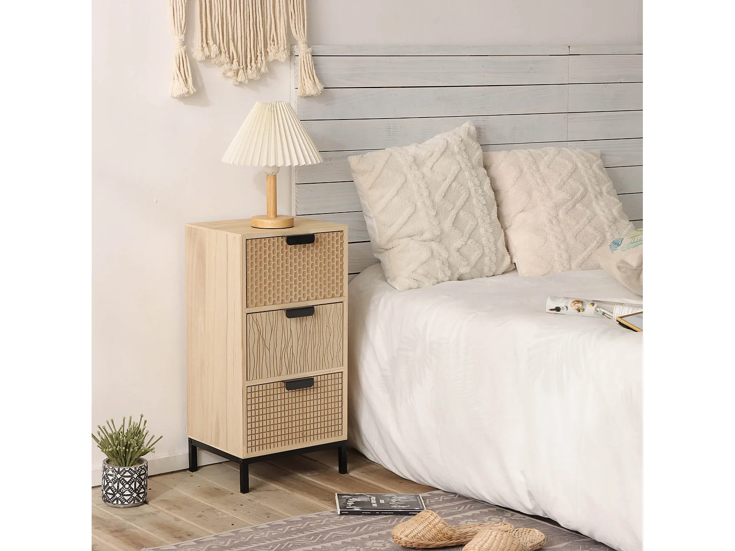 Table de Chevet de Style Industriel en Bois et Métal avec 3 Tiroirs