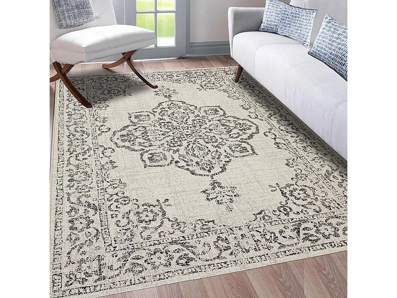 tapis entrée 80x150 tissé beige et noir rectangle motif oriental FODA 2
