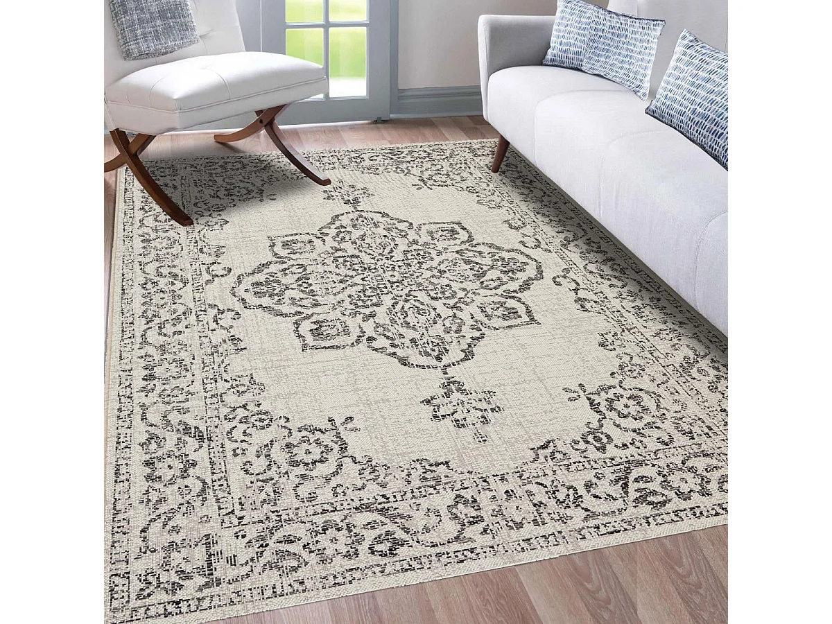 tapis entrée 80x150 tissé beige et noir rectangle motif oriental FODA 2