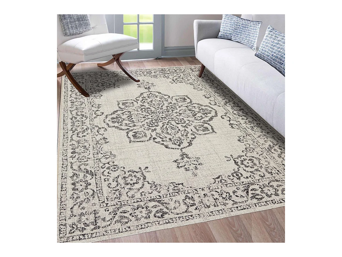 tapis entrée 80x150 tissé beige et noir rectangle motif oriental FODA 2